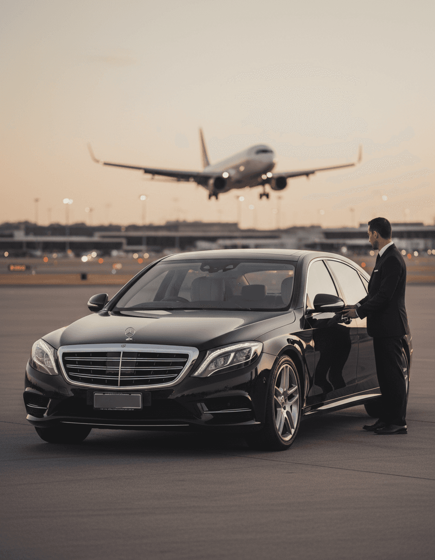 Black luxury chauffeur sedan at Sydney Airport with a jet landing at dusk